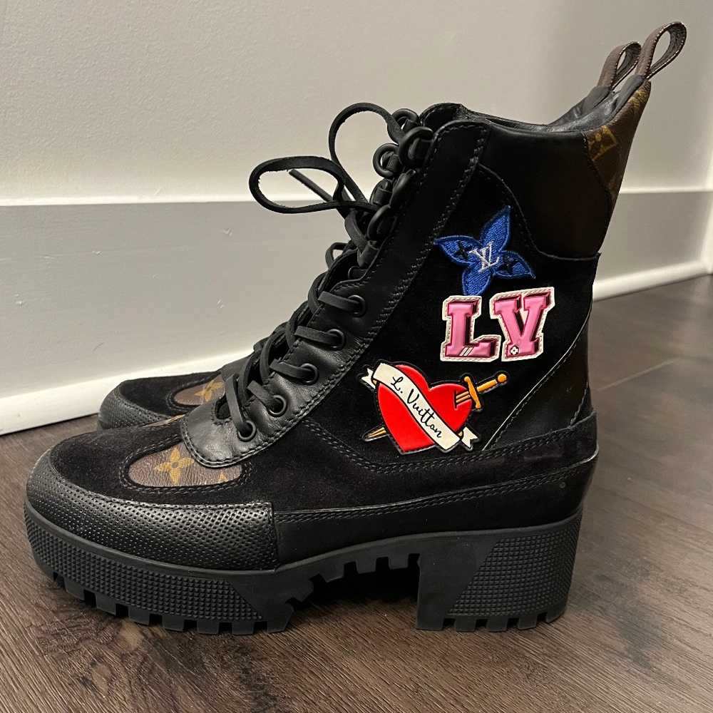 LOUIS VUITTON CALFSKIN MONOGRAM LV HEART LAUREATE PLATFORM DESERT BOOTS